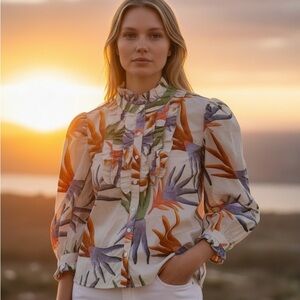 Oliphant Lovebird Lilac Ruffle Front Puff Sleeve Blouse - Size XS